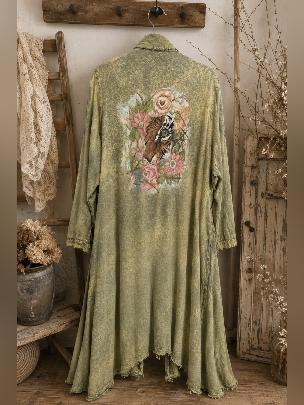 Rare Bird One Size Boho Duster • Olive Sage • Floral Tiger Back Graphic • Distre